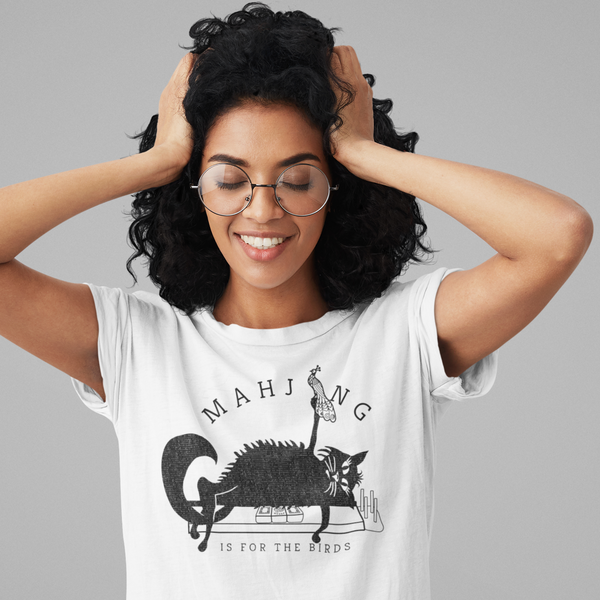 "Mahjong is for the Birds" Black Fluffy Cat T-Shirt